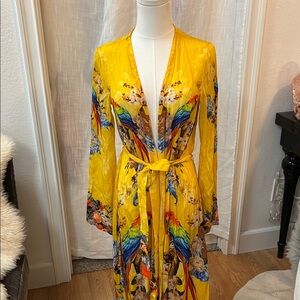Shahida Parides Yellow Tropical Bird Print Kimono Robe.